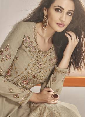 Beige Embroidered Viscose Readymade Suits 2
