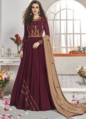 Maroon Embroidered Viscose Readymade Suits 1