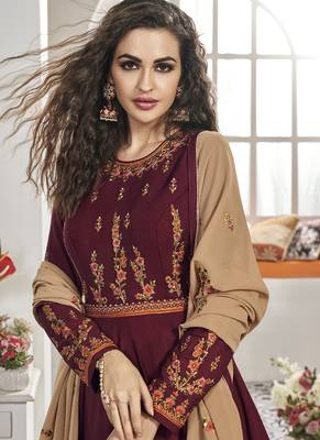 Maroon Embroidered Viscose Readymade Suits 3