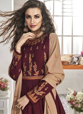 Maroon Embroidered Viscose Readymade Suits 4