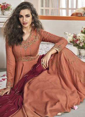 Peach Embroidered Viscose Readymade Suits 1