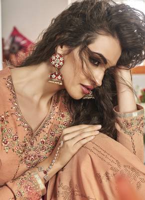 Peach Embroidered Viscose Readymade Suits 2