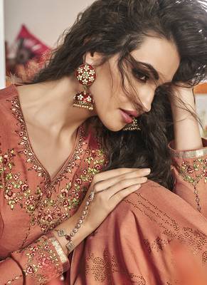 Peach Embroidered Viscose Readymade Suits 3