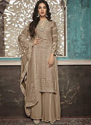 Beige Embroidered Georgette Party Wear Salwar Kameez 1