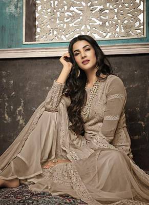 Beige Embroidered Georgette Party Wear Salwar Kameez 2