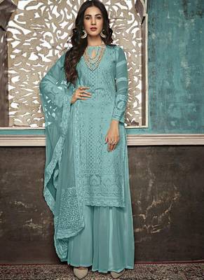 Turquoise Embroidered Georgette Party Wear Salwar Kameez 1