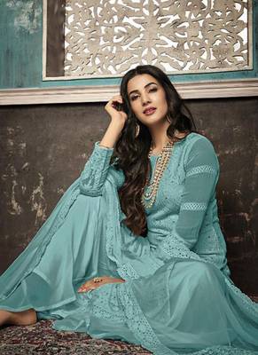 Turquoise Embroidered Georgette Party Wear Salwar Kameez 2