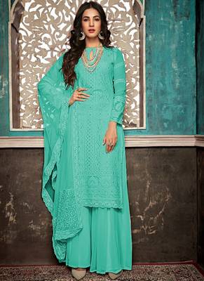 Turquoise Embroidered Georgette Party Wear Salwar Kameez 1