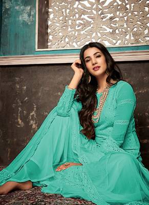 Turquoise Embroidered Georgette Party Wear Salwar Kameez 2