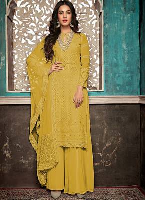 Yellow Embroidered Georgette Party Wear Salwar Kameez 1