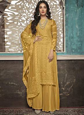 Mustard Embroidered Georgette Party Wear Salwar Kameez 1
