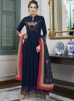 Blue Embroidered Silk Blend Party Wear Salwar Kameez 1
