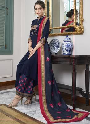 Blue Embroidered Silk Blend Party Wear Salwar Kameez 2