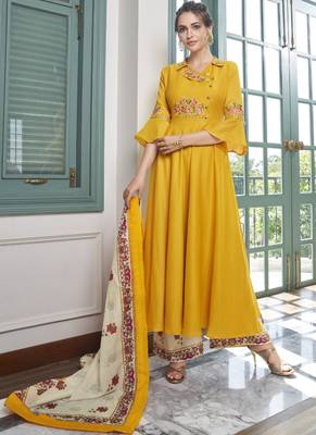 Yellow Embroidered Silk Blend Party Wear Salwar Kameez 1