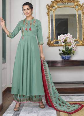 Turquoise Embroidered Silk Blend Party Wear Salwar Kameez 1