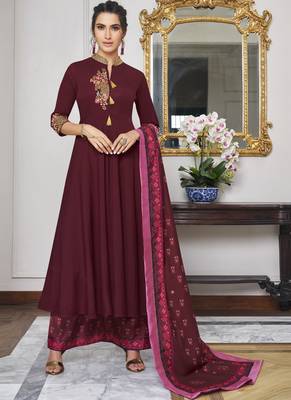 Maroon Embroidered Silk Blend Party Wear Salwar Kameez 1