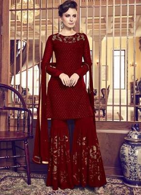 Maroon Embroidered Georgette Sharara 1