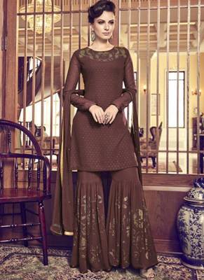 Brown Embroidered Georgette Sharara 1