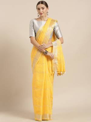 Yellow woven linen saree with blouse 1