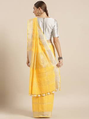 Yellow woven linen saree with blouse 2