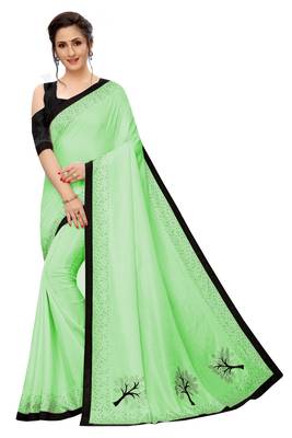 Parrot green plain art silk saree with blouse 4