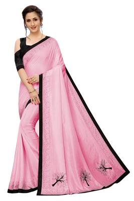 Pink plain art silk saree with blouse 1