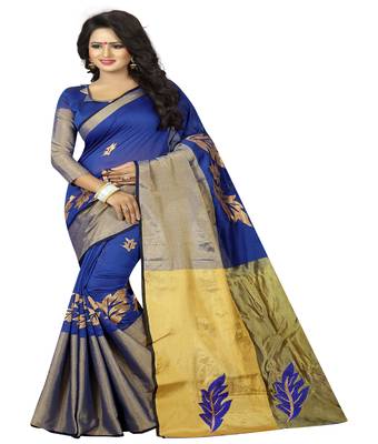 Blue embroidered cotton saree with blouse 1