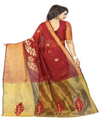 Red embroidered cotton saree with blouse 2