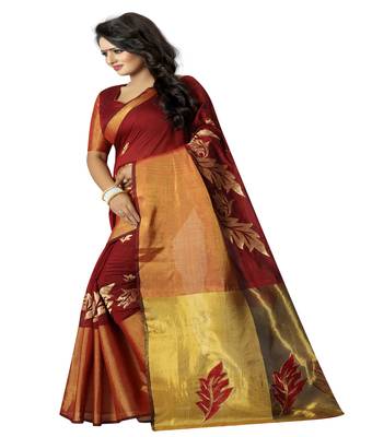 Red embroidered cotton saree with blouse 3
