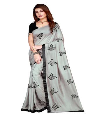 Grey printed silk saree with blouse 1