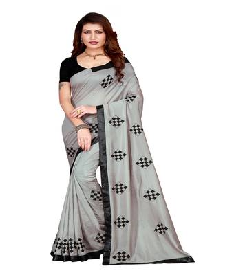 Grey printed silk saree with blouse 1