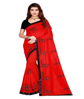 Red printed silk saree with blouse 1