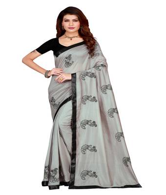 Grey printed silk saree with blouse 1
