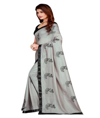 Grey printed silk saree with blouse 3