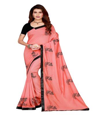 Pink printed silk saree with blouse 1