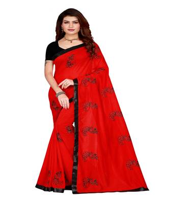 Red printed silk saree with blouse 1