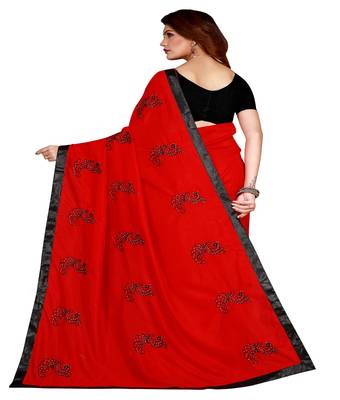 Red printed silk saree with blouse 2