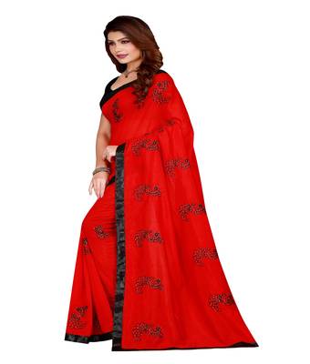 Red printed silk saree with blouse 3