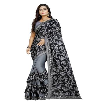 Grey printed silk saree with blouse 1