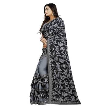 Grey printed silk saree with blouse 3