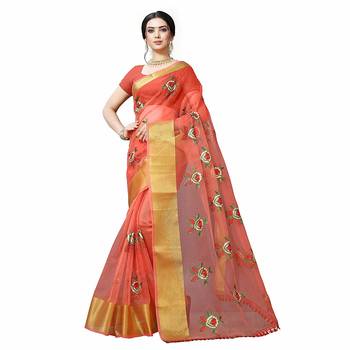 Red embroidered organza saree with blouse 1