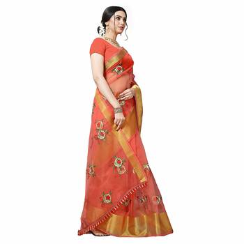 Red embroidered organza saree with blouse 4