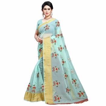 Light green embroidered organza saree with blouse 1
