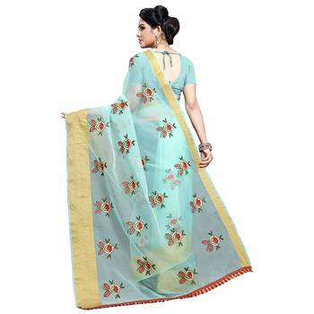 Light green embroidered organza saree with blouse 2