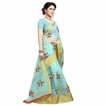Light green embroidered organza saree with blouse 4