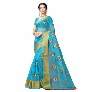 Sky blue embroidered organza saree with blouse 1