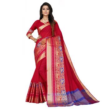 Red woven cotton silk saree with blouse 1