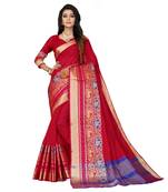 Red woven cotton silk saree with blouse