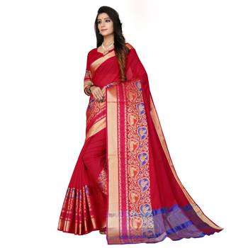 Red woven cotton silk saree with blouse 3