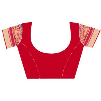 Red woven cotton silk saree with blouse 4